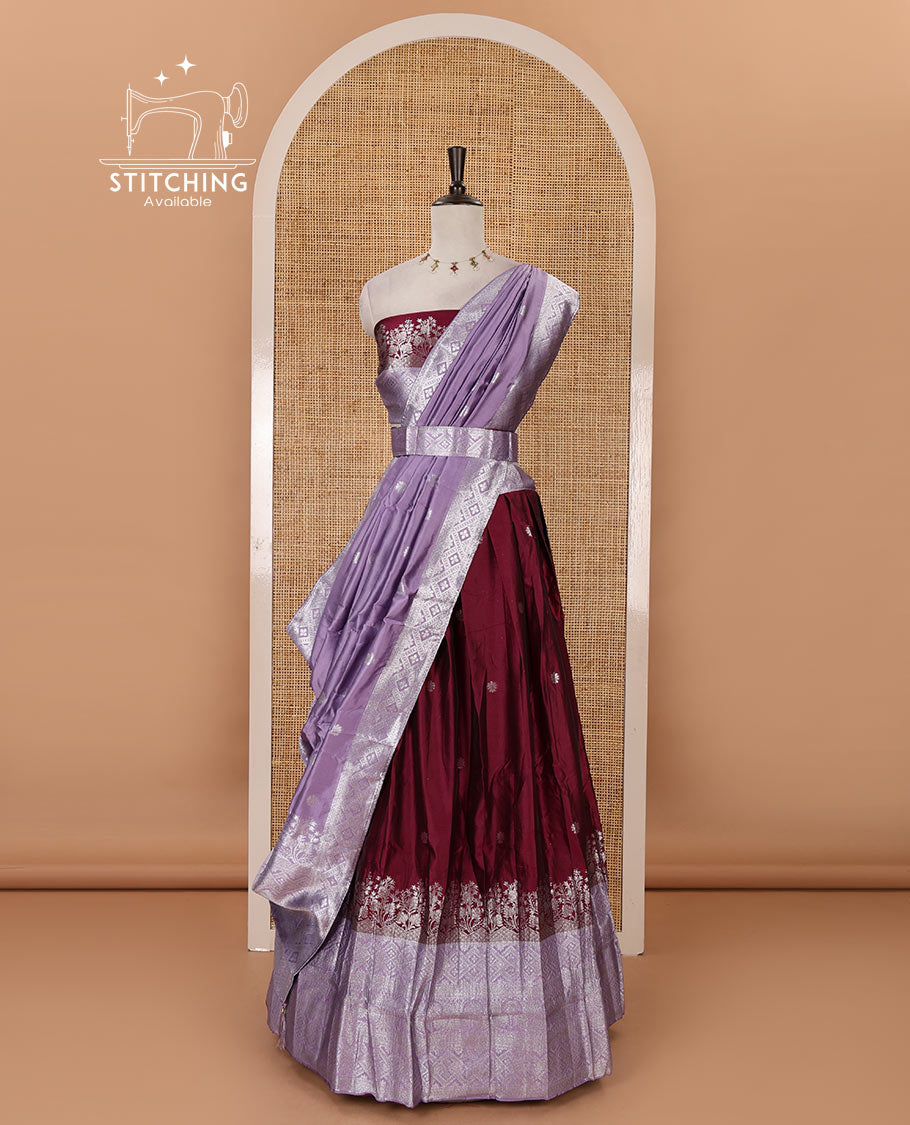 Purple-lavender taffeta silk half-saree, zari buttas & contrast floral-geometric zari border skirt, zari woven blouse & contrast Lavender zari woven dhavani