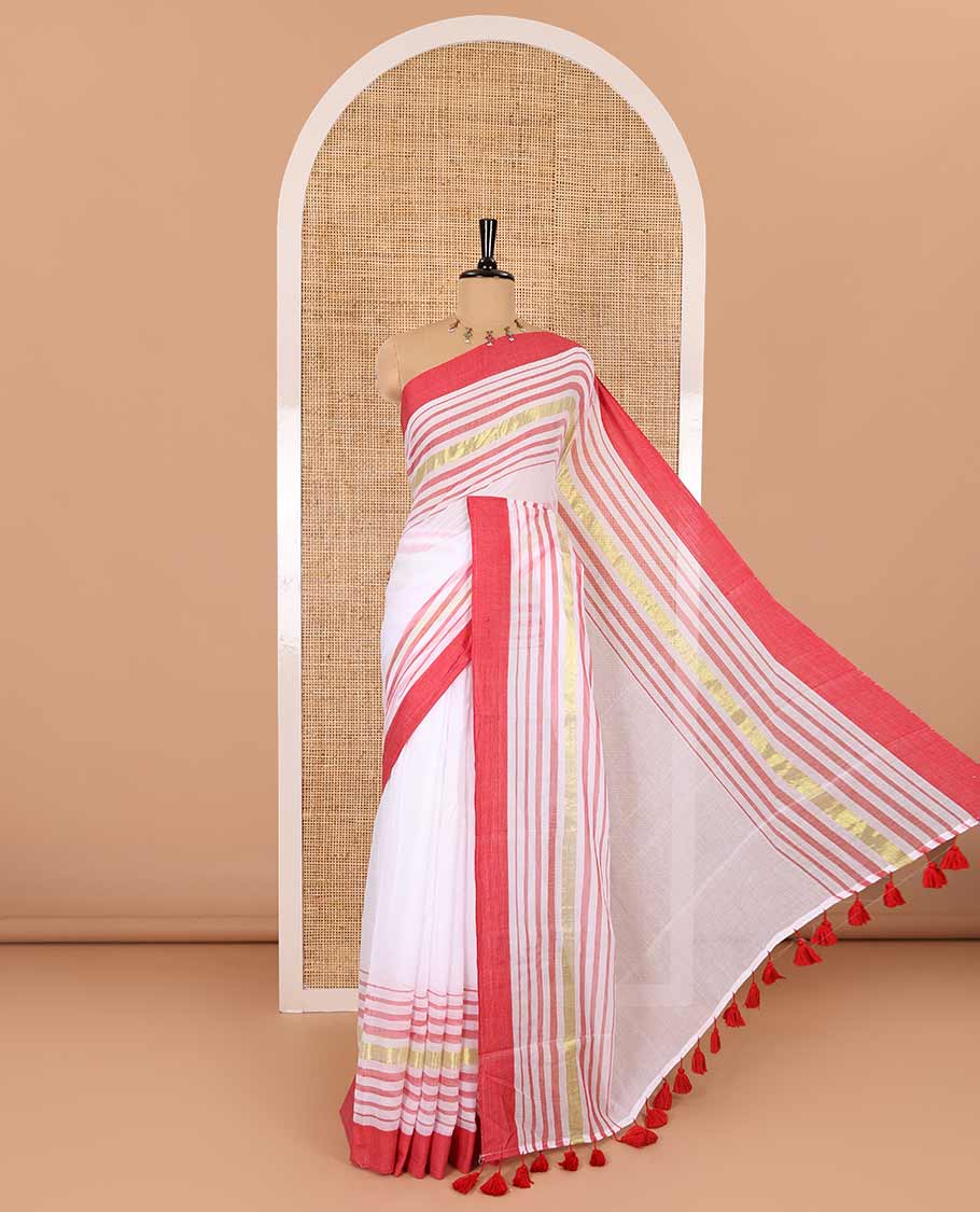 Cream and red plain khadi mul cotton saree with contrast double-sided border of horizontal stripes, striped pallu, and a matching blouse