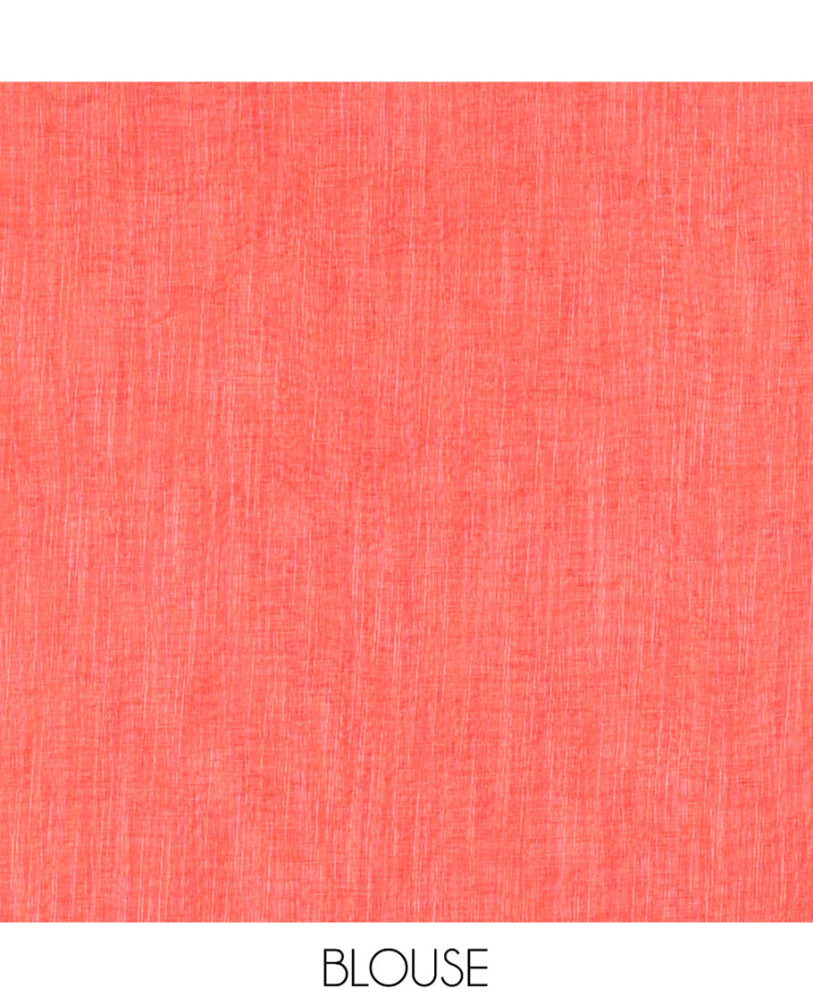 Chikku-Orange Linen Cotton Saree, Decorated with Intricate Print, a Contrast Ikat Border, Printed Pallu, and Contrast Blouse