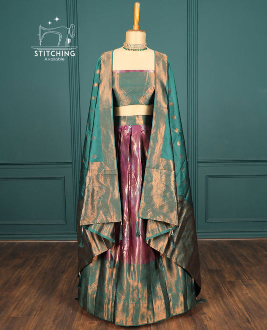 Maroon chevron artsilk halfsaree,contrast traditional zari design & stonework border,jacquard blouse & intricate dhavani