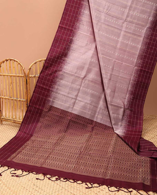 Peach soft silk saree with contrast checked border & floral jacquard design pallu