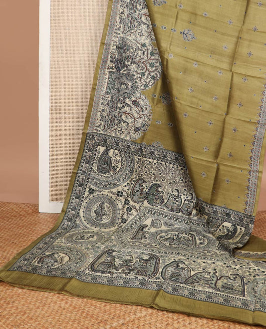 Green madhubani style printed silk saree with self border & madhubani style design pallu