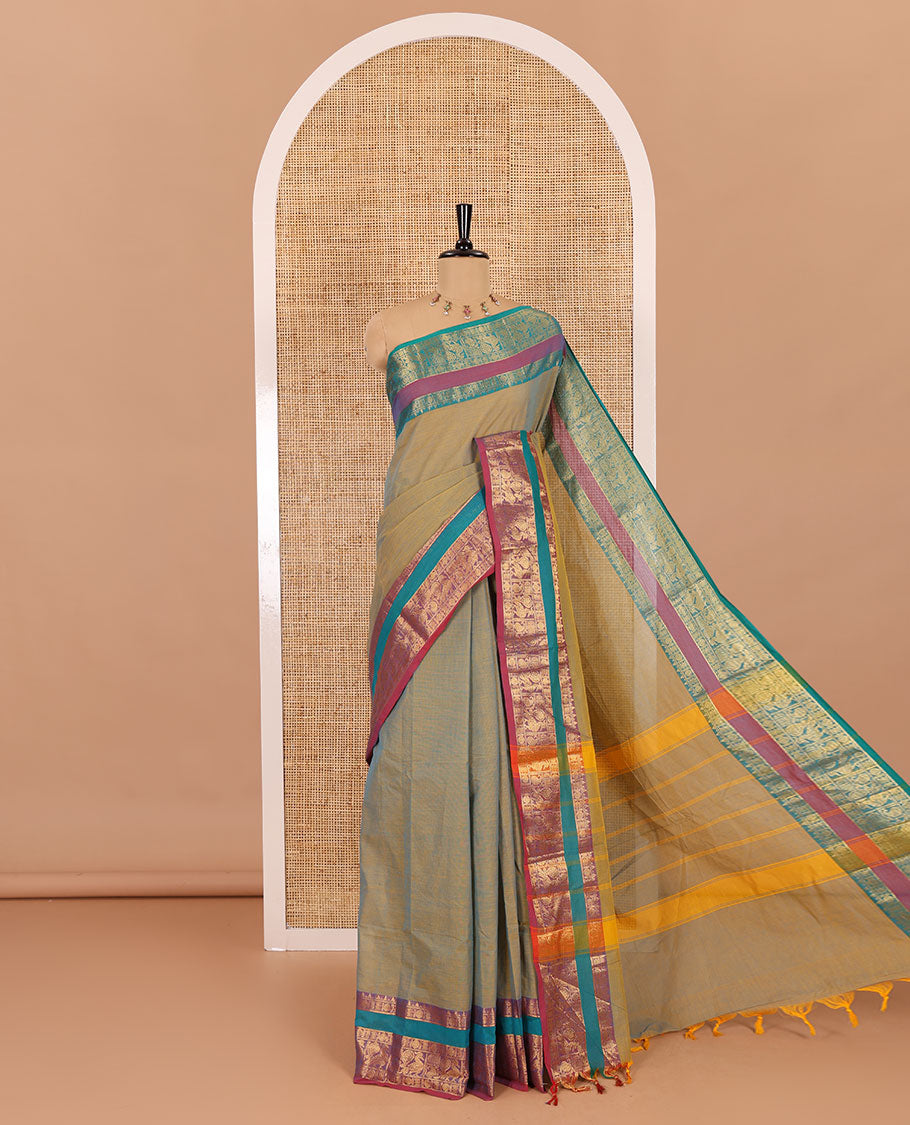 Sea green plain chettinad cotton saree , peacock, mango rudraksham zari border , lining pallu with tussels