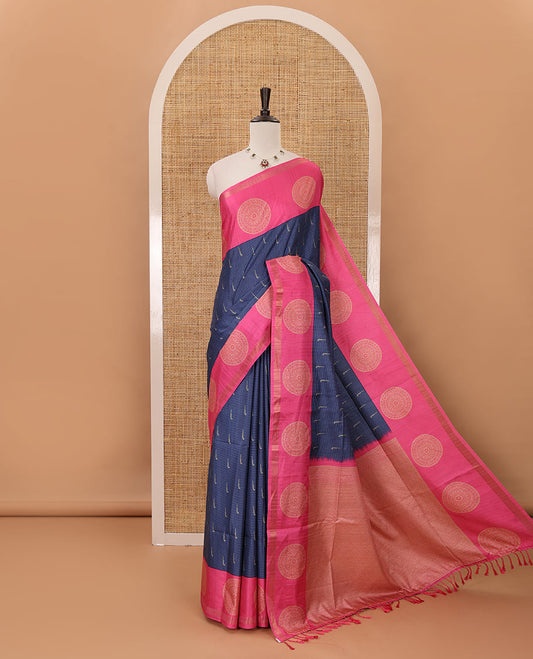 Navy blue horizontal stripes & muniya buttas katan silk saree, contrast chakram butta border, weaving-style print pallu & contrast print blouse
