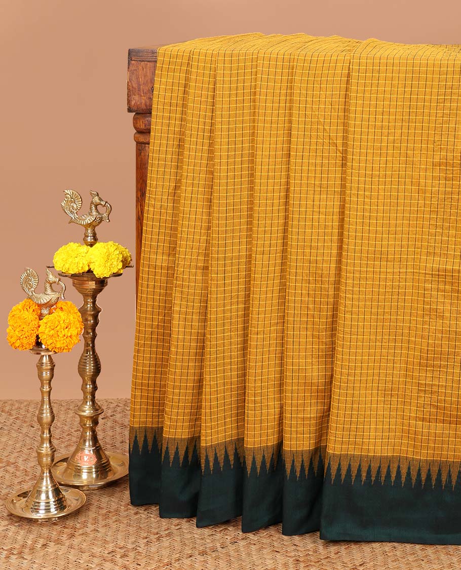 Gold checked kalyani cotton saree with contrast temple border & contrast rich reaving pallu along with contrast blouse
