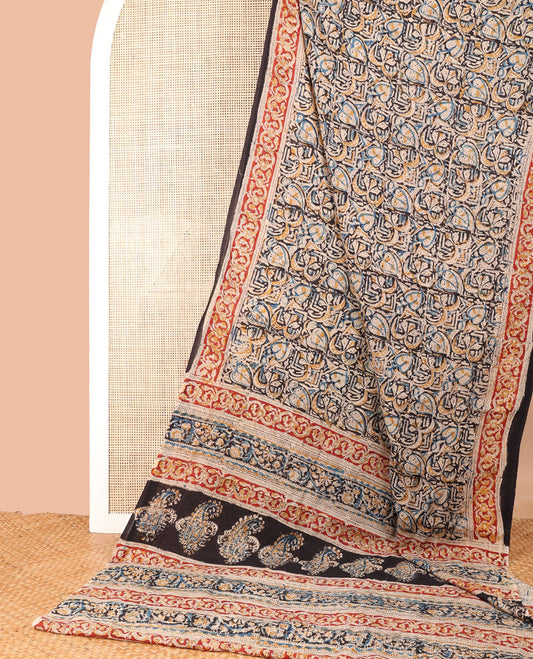 Black floral design machine-printed kalamkari cotton saree with contrast floral border & unique floral design pallu