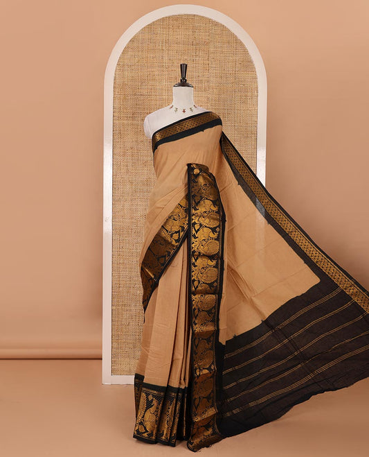 Chikku plain sungudi cotton saree, contrast big annam motifs woven zari border, zari striped pallu & zari design blouse