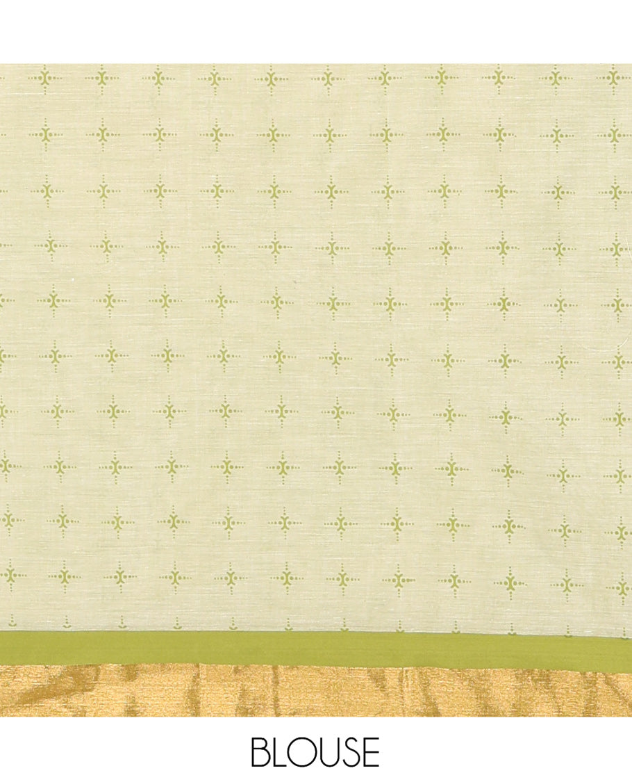 Cream-Olive Green Kerala Cotton Saree Features Tree Print, Contrast Border, and a Contrast Blouse