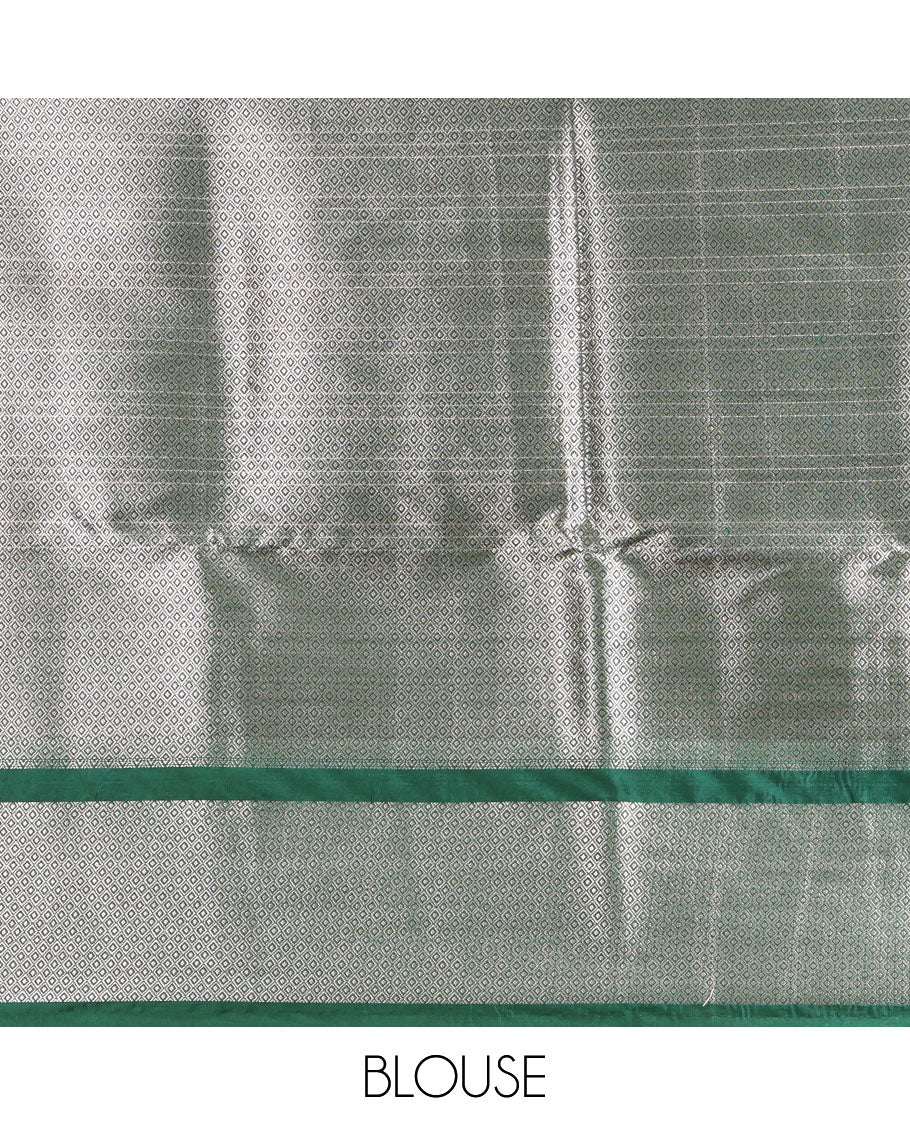 Green Assam Silk Saree, Beautified with Zari Checks, Highlighted by a Traditional Zari Border, Floral Butta Enclosed Checks Pallu, and a Matching Blouse