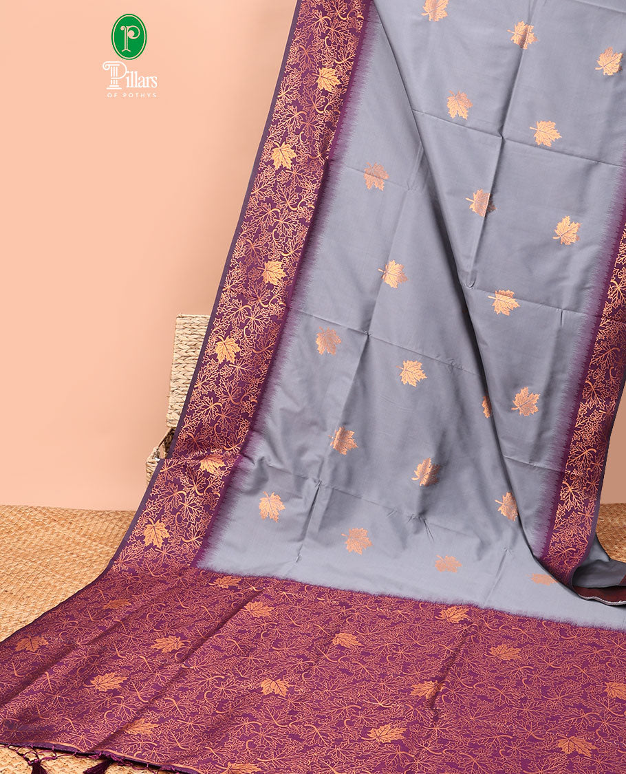 Grey gold zari leaf butta mulburry soft silk saree with contrast zari weaving with tussels & contrast zari small buttas blouse