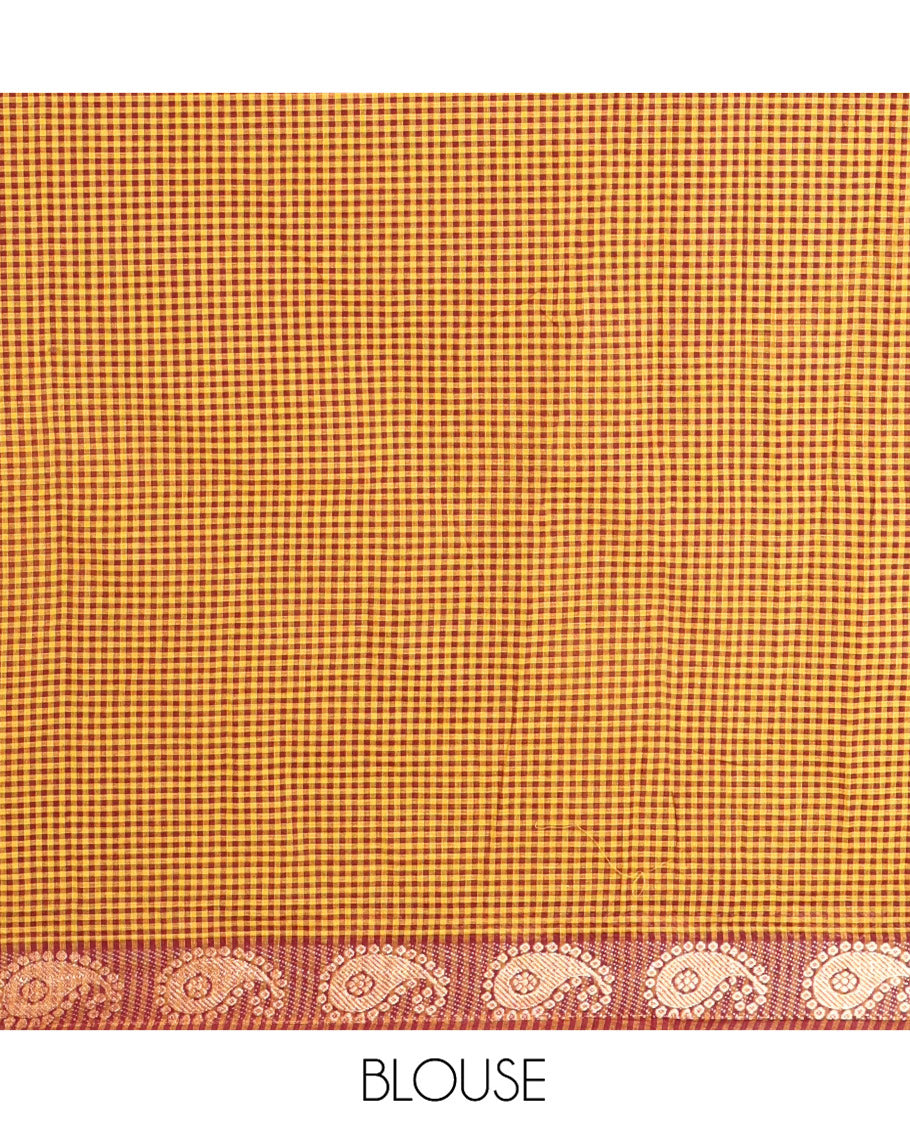 Mustard Chettinad Cotton Saree, Adorned with Checked Design on Its Body, Complemented by a Contrast Paisley Border, Subtly Striped Pallu, and Paired with a Matching Blouse