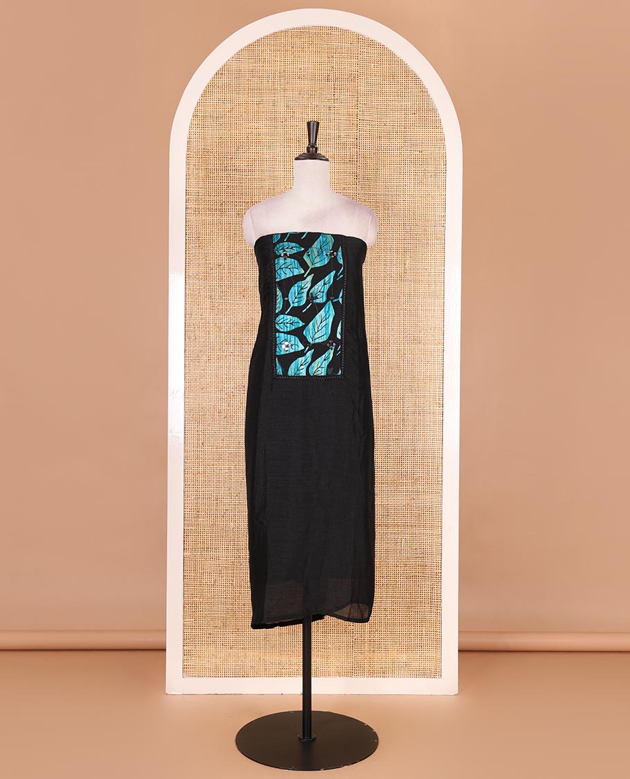 Black and blue material churidar set, neck leaf print with mirror work Vichitra silk top, plain santoon bottom, and leaf printed shimmer georgette dupatta