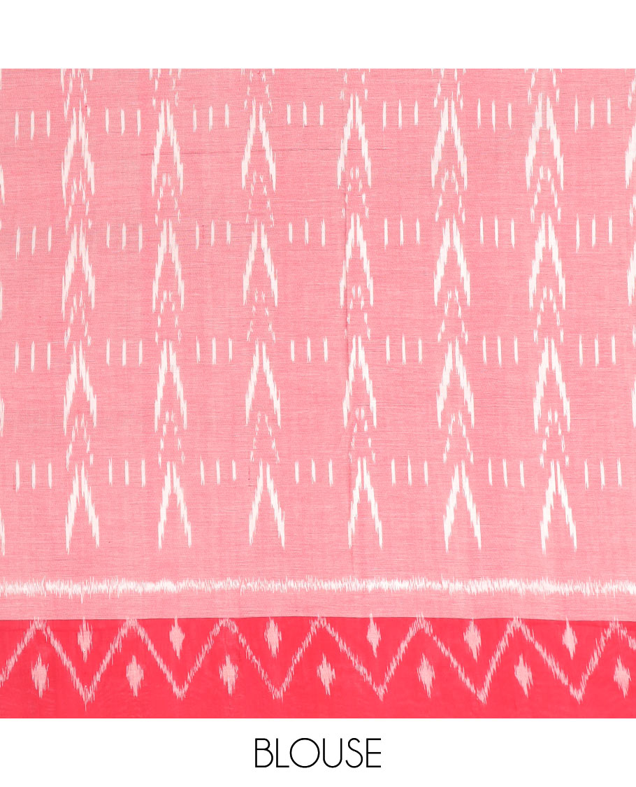 Pink geometric design ikkat cotton saree with contrast geomentric border & striped design pallu