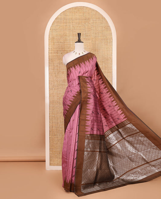 Onion pink vertical striped & parrot motifs kanchi silk saree, contrast satin temple border, zari-rich jaal pallu & contrast zari design blouse
