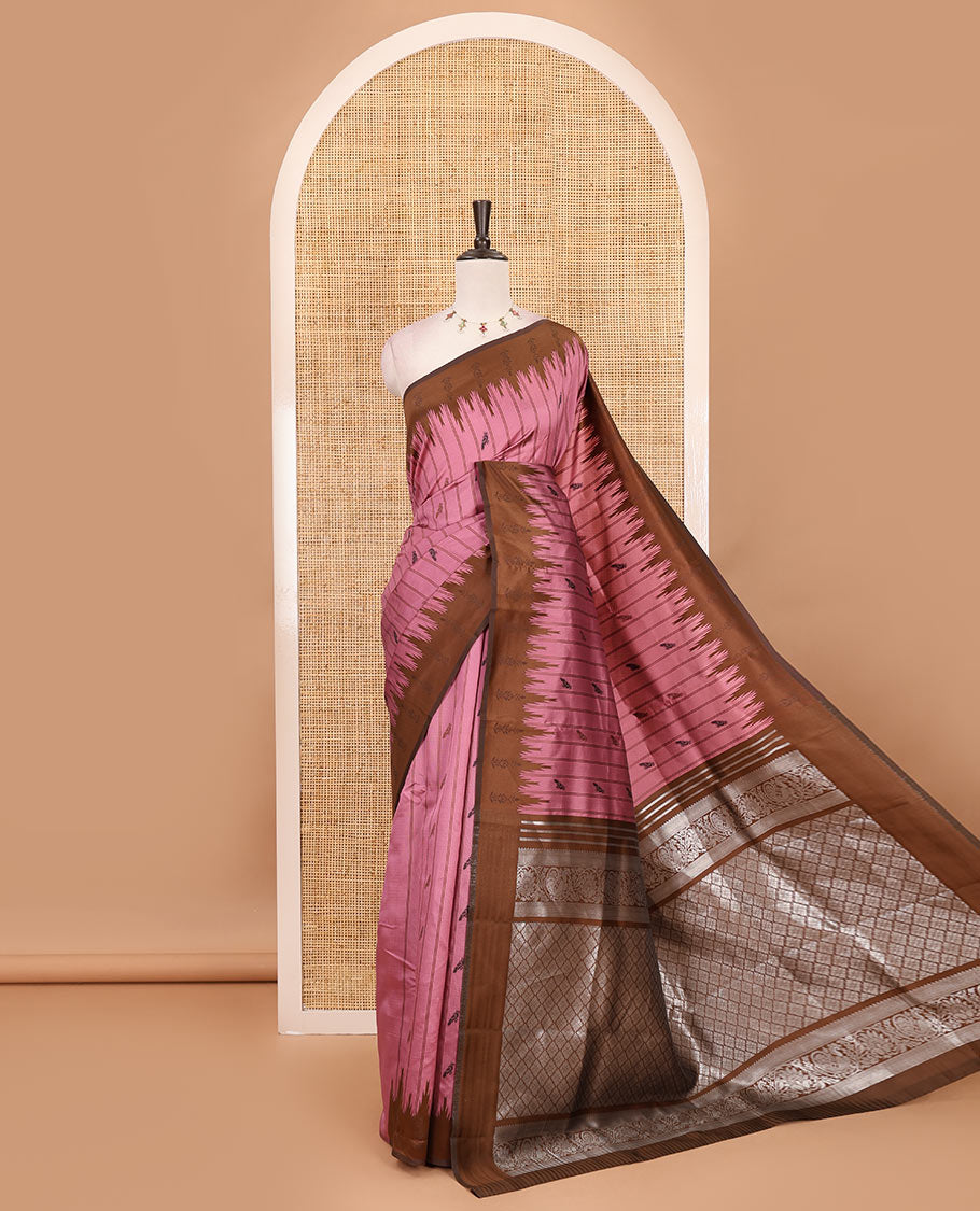 Onion pink vertical striped & parrot motifs kanchi silk saree, contrast satin temple border, zari-rich jaal pallu & contrast zari design blouse