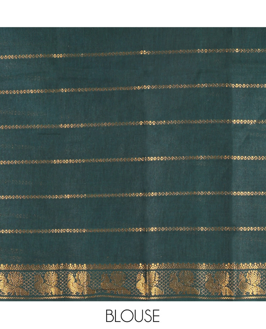 Red Plain Sungudi Cotton Saree, Highlighted by Traditional Zari Border of Peacock and Elephant Motifs Weave, Subtly Striped Pallu, and Paired with a Contrast Veldhari Design Blouse