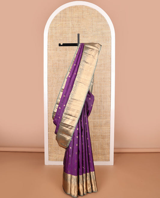 purple striped, round buttas vasundhara elite silk saree with contrast intricate zari design border & floral jaal design pallu