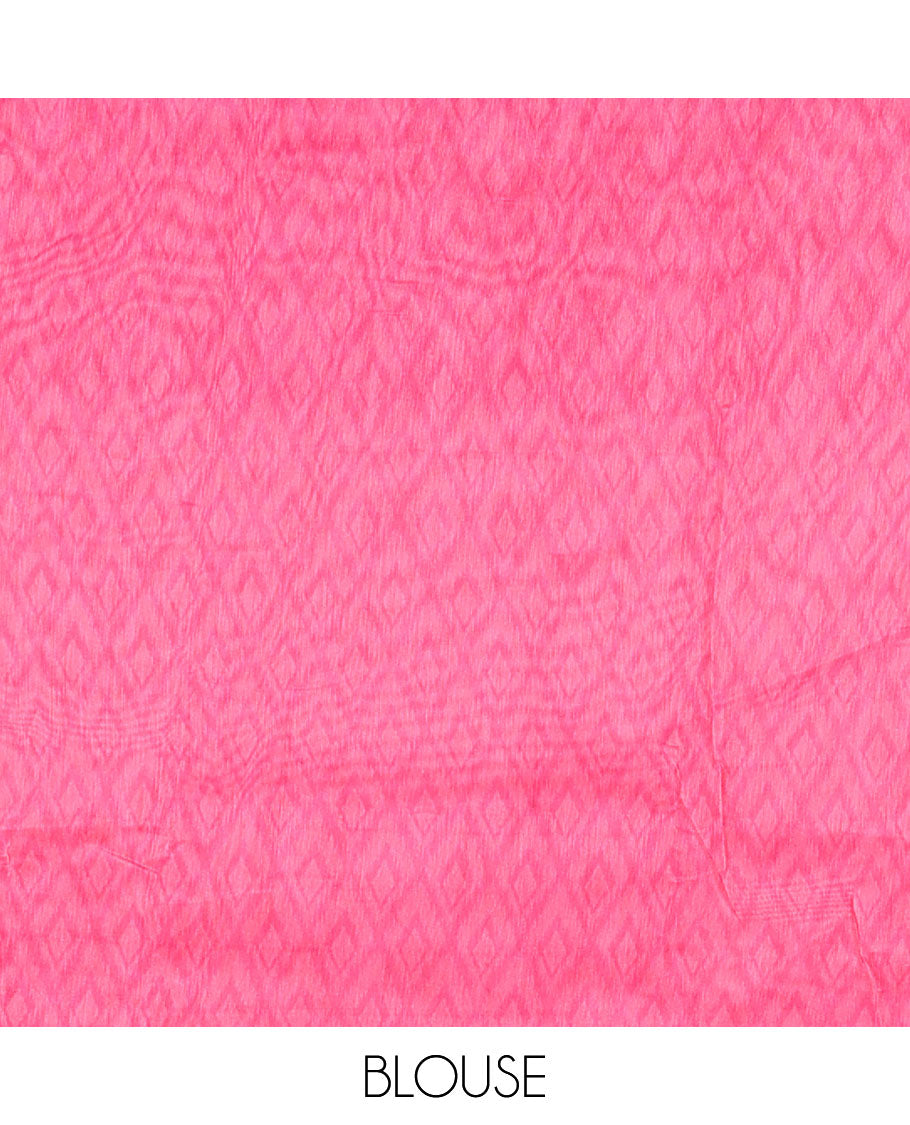 Rani checked linen cotton saree, contrast pochampally style geometric printed border, pochampally printed pallu, and a diamond patterns printed blouse