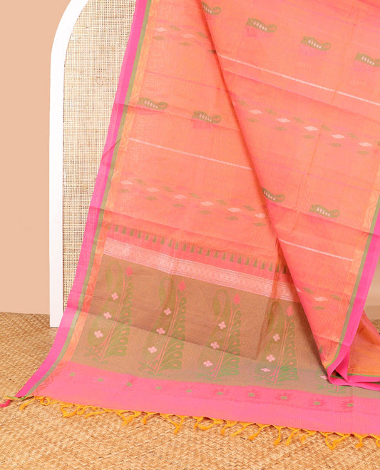 Peach striped, floral design coimbatore cotton saree with contrast zari border & floral design pallu