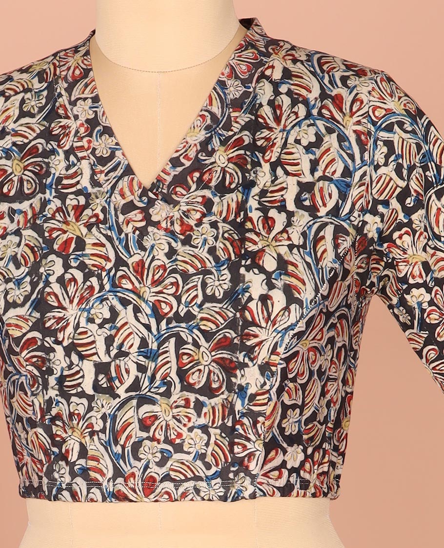 Multi-Color Readymade Blouse Artfully Detailed with Floral Vine Prints, Featuring a Front V-Neck, a Back Closed Neck, and Full Sleeves