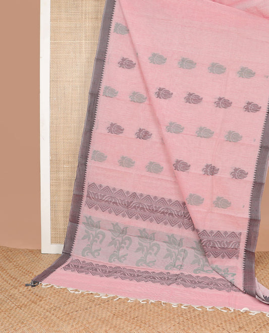 Baby pink floral design kanchi cotton saree with contrast temple border & floral design pallu