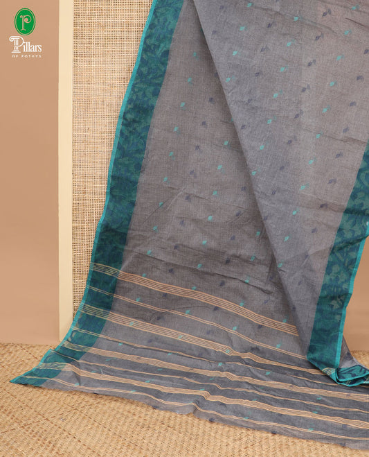 Elephant grey thread butta bengal cotton saree with resham border & chit pallu along with digital print linen shafread blouse