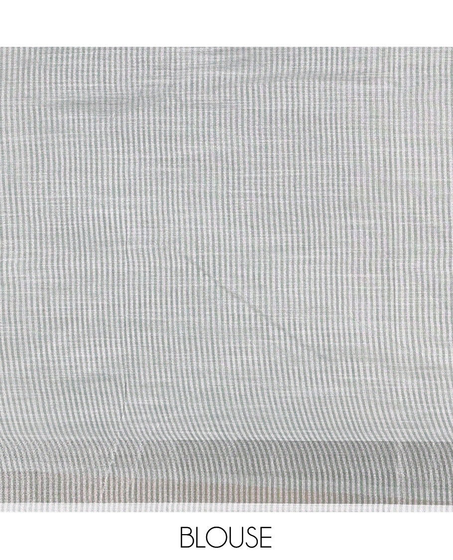 Green Plain Linen-Cotton Saree, a Zari Border, Striped Pallu, and a Matching Blouse
