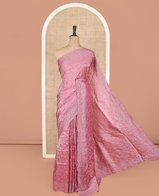 Pink Designer Saree, Enthralled with Floral Vine Thread and Stone Work, Scalloped Stonework Border, Self Pallu, and Matching Blouse