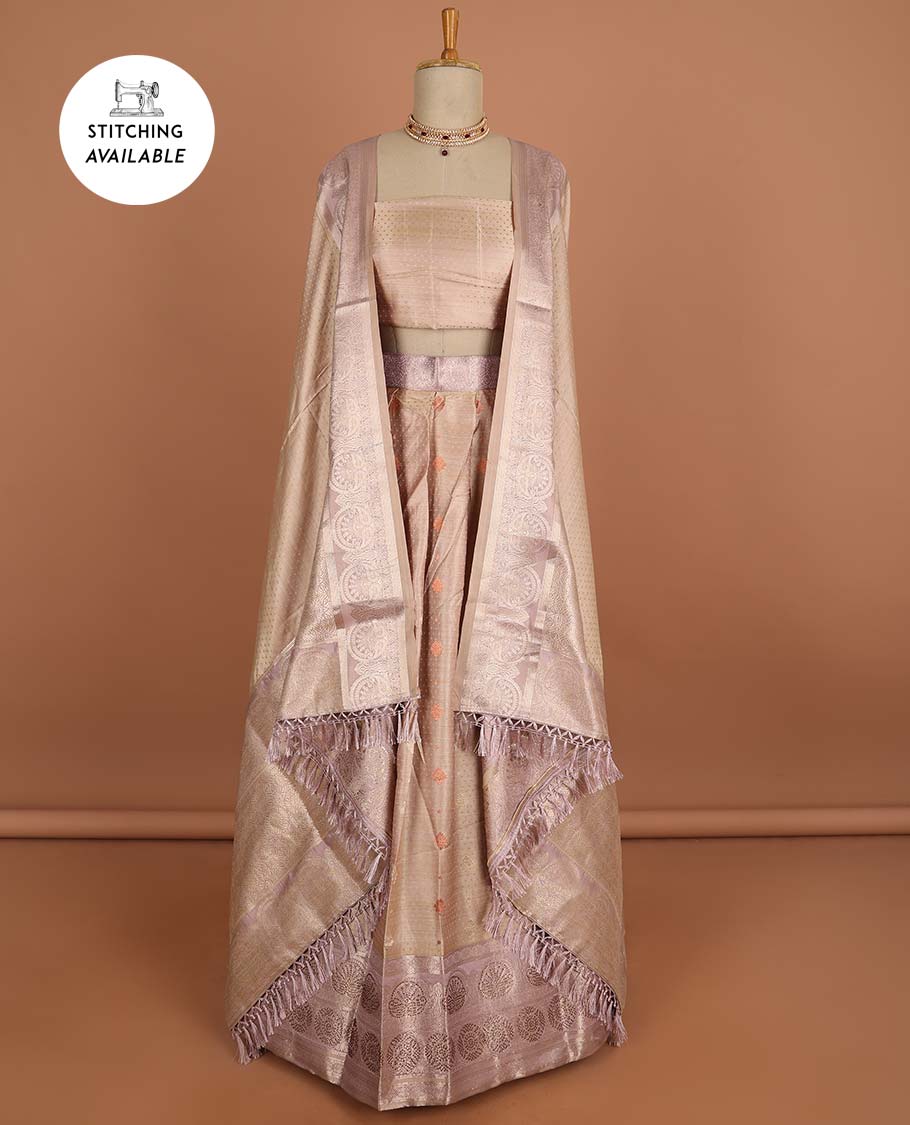 Green floral buttas half sare with contrast zari border, zari design blouse & intricate zari design dhavani