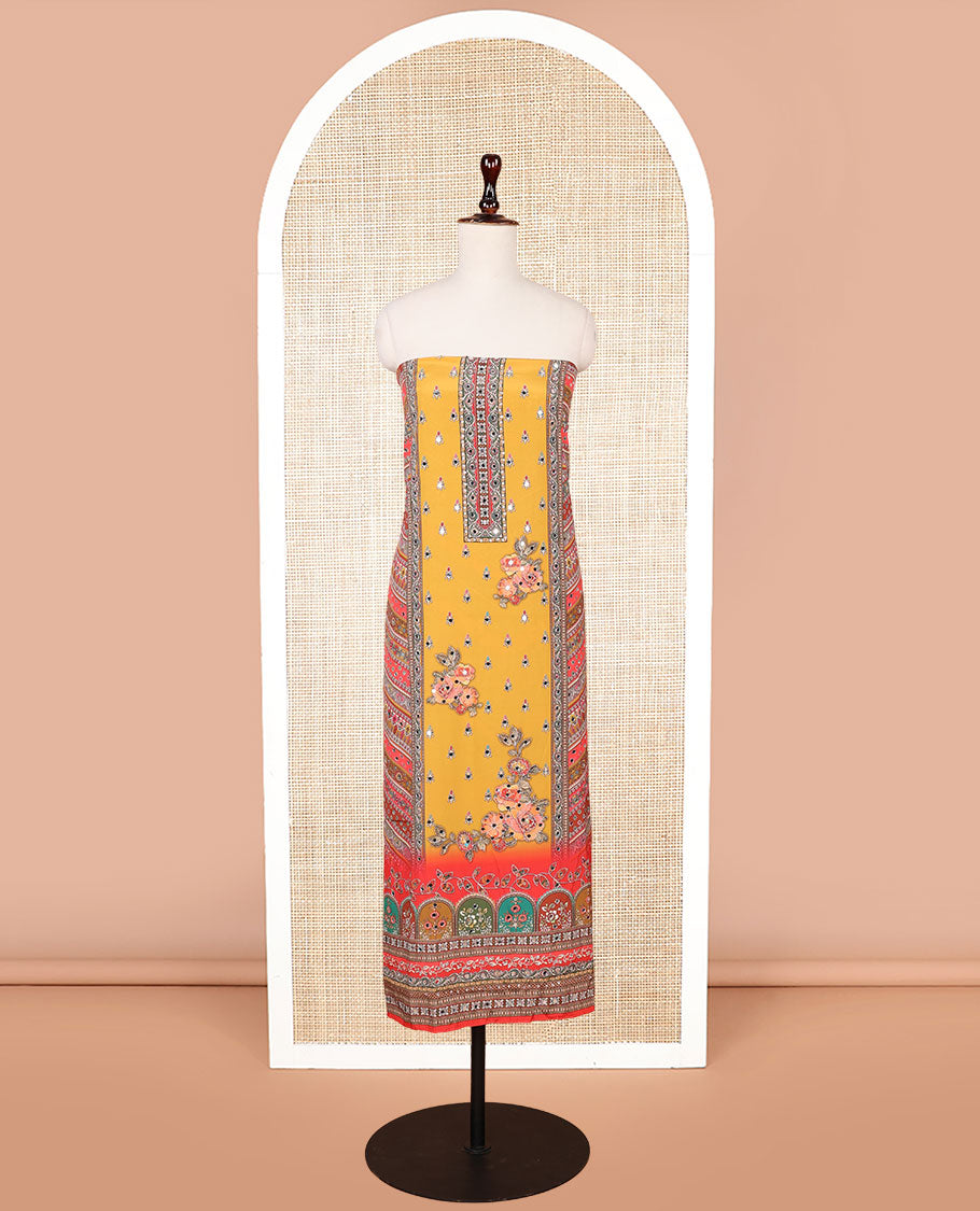 Yellow floral digital print, mirror work crepe chudidhar material top with american crepe pant & floral digital print, mirror work dupatta