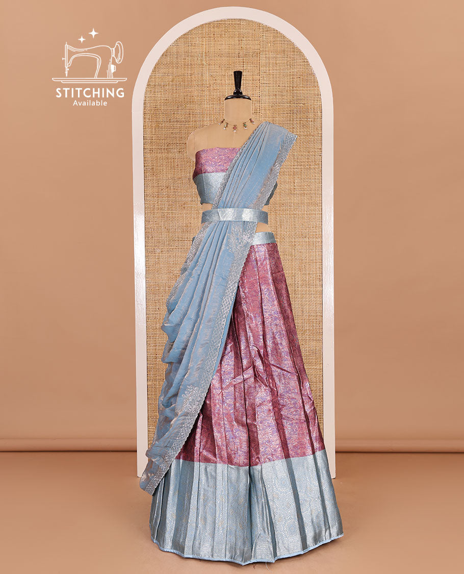 Pink banarasi half-saree, jacquard with contrast traditional zari bordered skirt, a matching blouse, and a contrast stonework velvet organza dhavani