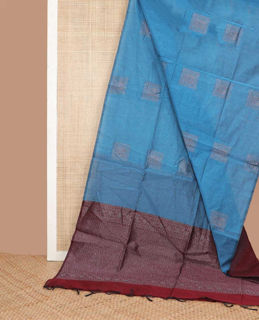 Borderless blue geometric design semi silk saree with floral jaal design pallu