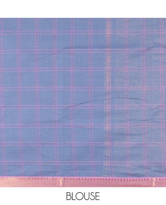 Blue checked design khadi cotton saree, contrast zari border & traditional zari design pallu