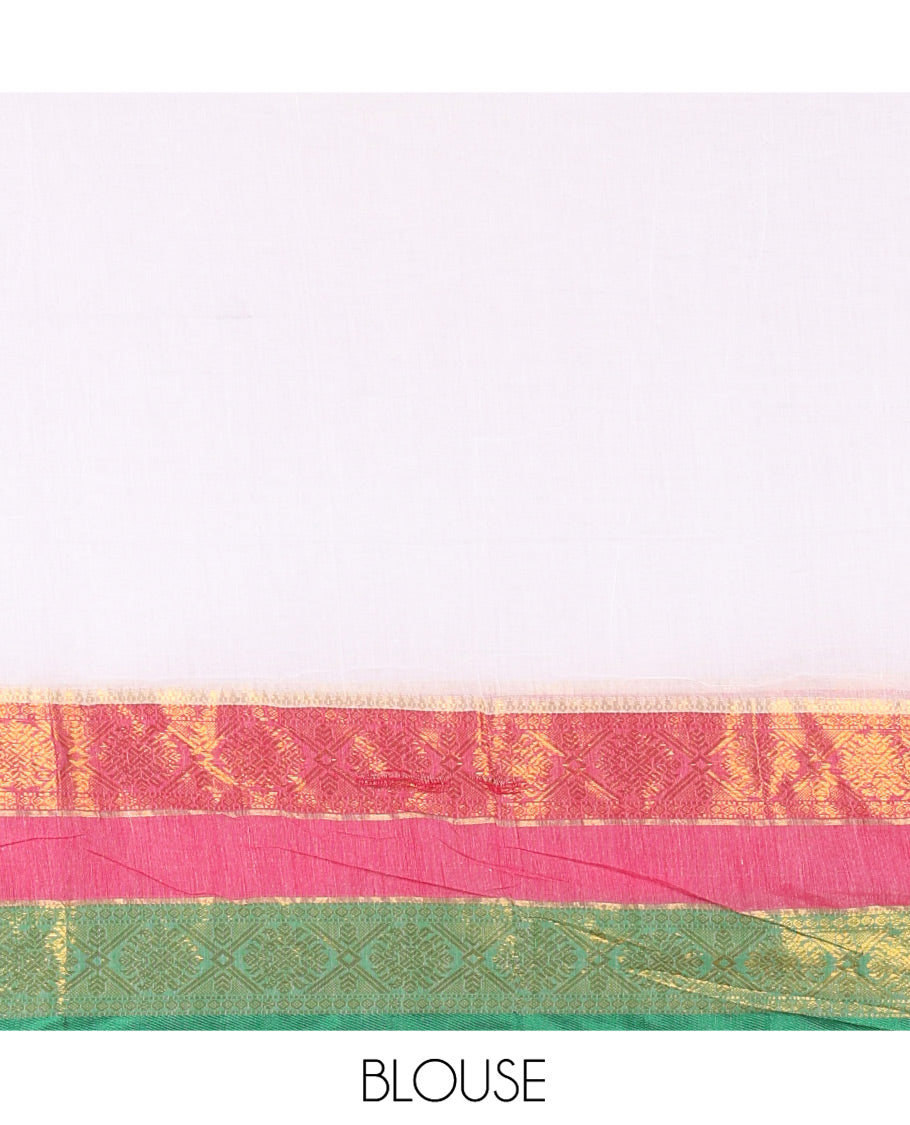 White Plain Khadi Mul Cotton Saree, Complemented by a Contrast Rettai Pettu Traditional Diamond-Patterned Border, Plain Pallu, and Paired with a Matching Blouse