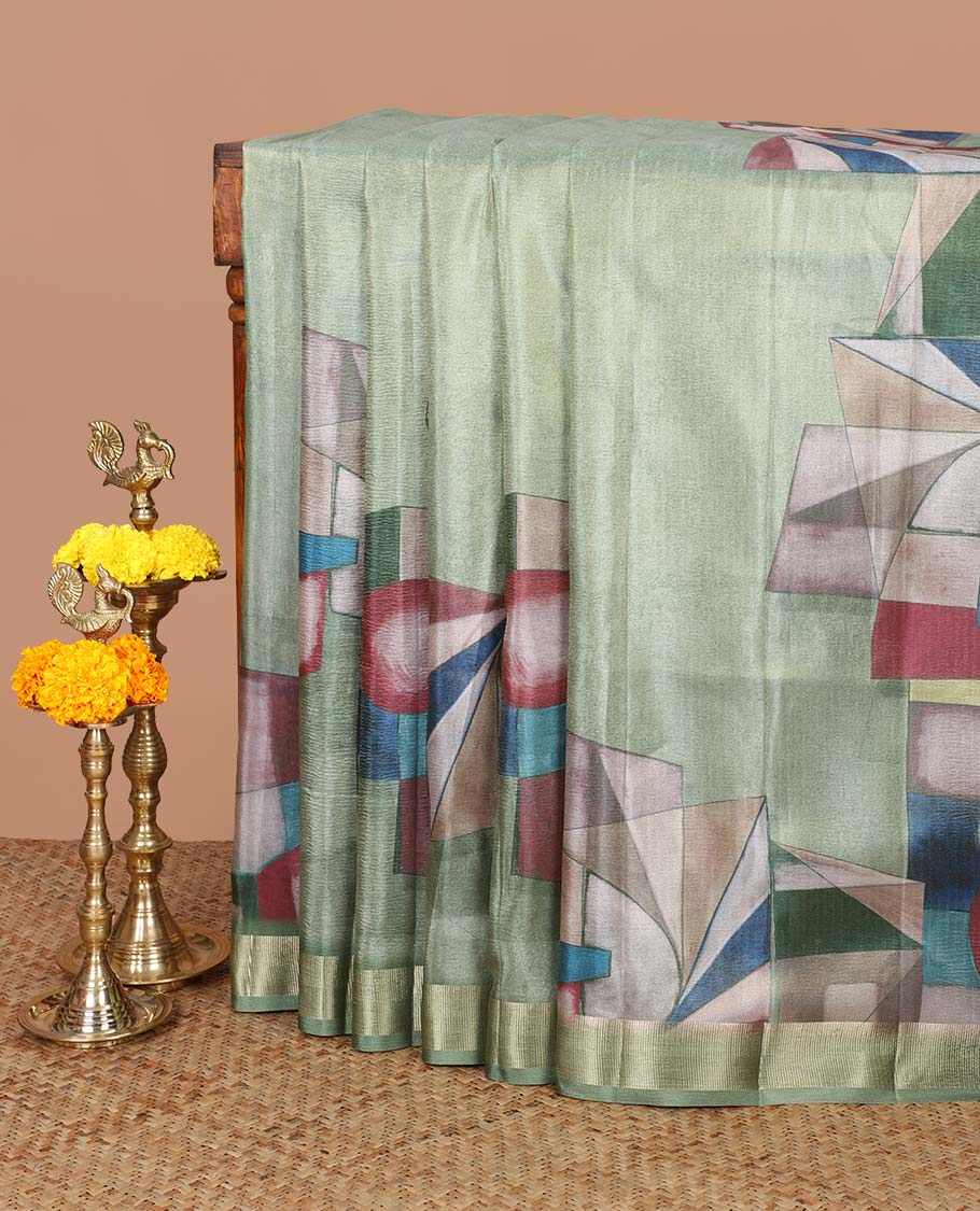 Olive green geometrical print crush tissue saree with zari border & tissue pallu along with plain blouse