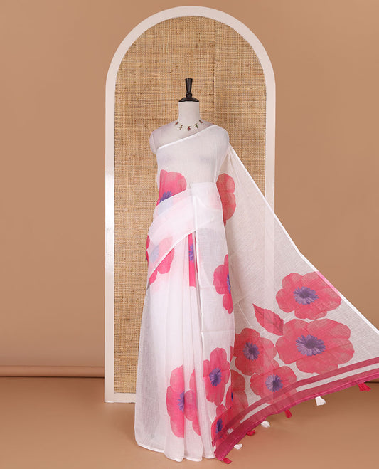Borderless white and pink floral printed linen cotton saree, contrast plain blouse
