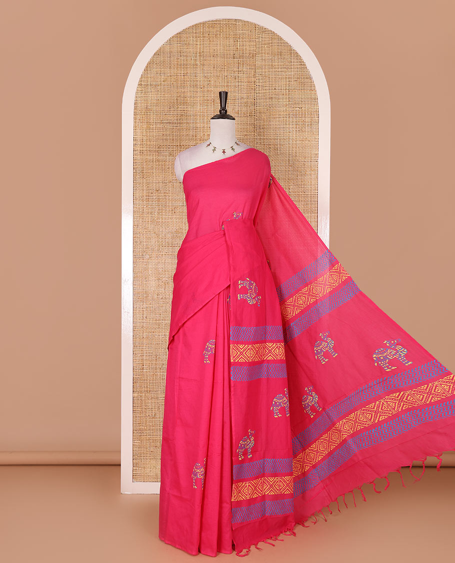 Borderless rani pink camel motifs and geometric patterns, handblock printed poly cotton saree, handblock printed pallu, and contrast printed blouse