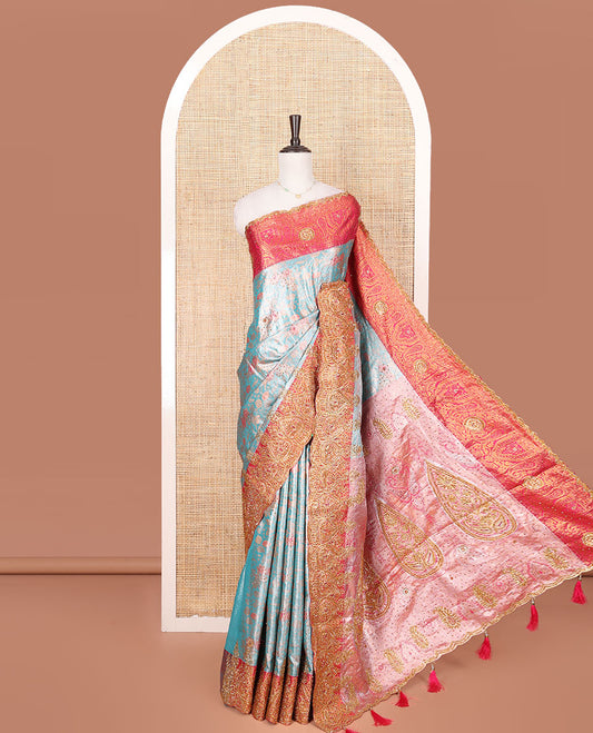 Blue Vastrakala Silk Saree, Prettified with Jacquard and Embroidery, Complemented by Contrast Traditional Zari and Patch Embroidered Scallop Border, Gleaming Grand Stone Work Pallu, and Paired with Contrast Embroidered Blouse