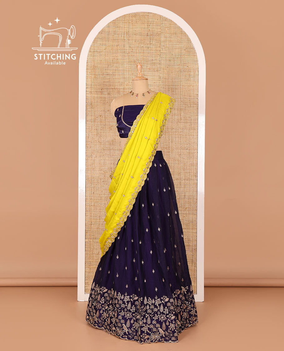 Violet half-saree, floral and bird motifs embroidered velvet organza top, matching embroidered blouse, and contrast scallop embroidered syska georgette dhavani