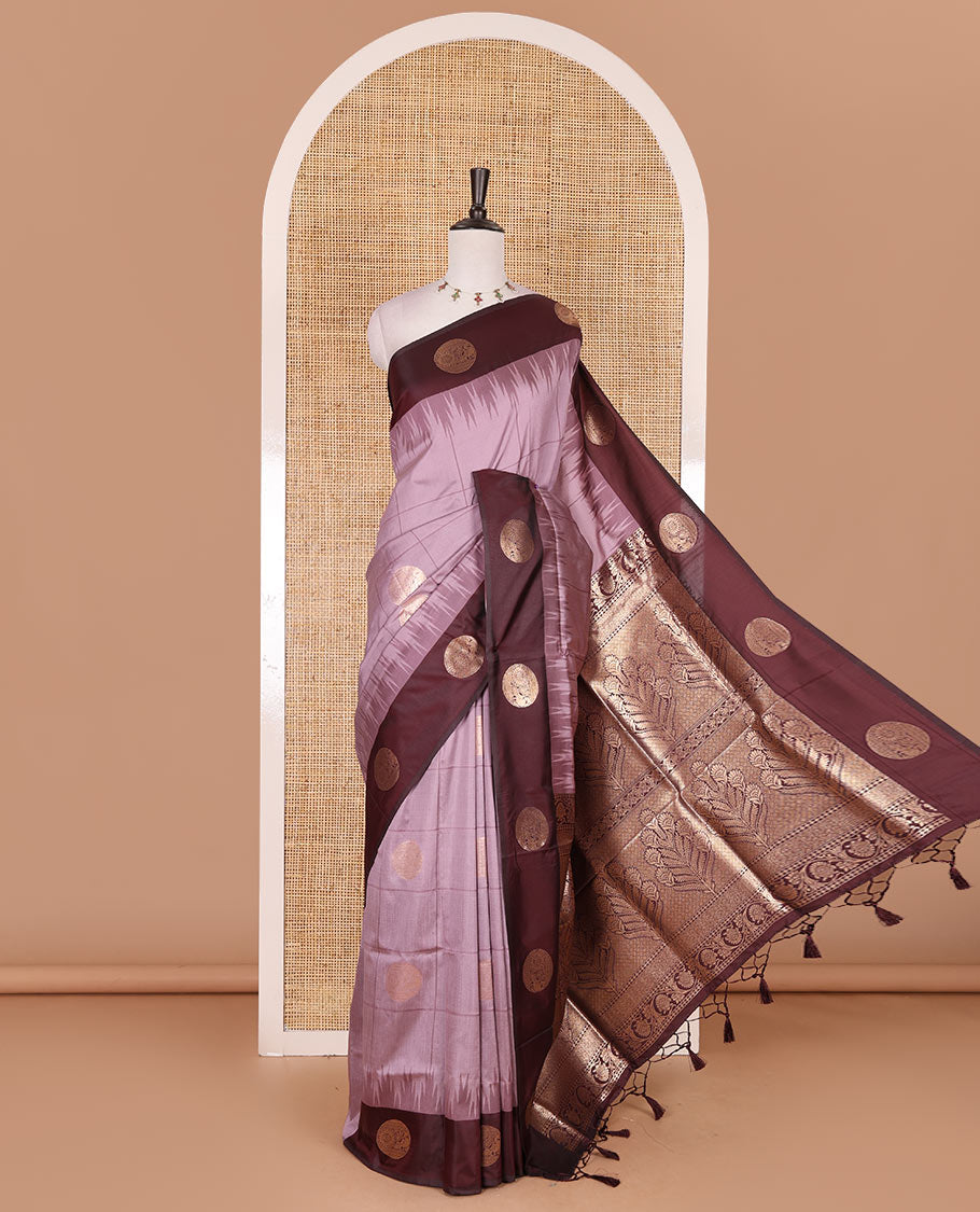 Pink round peacock chakram buttas enclosed checked Mulberry silk saree, contrast round peacock chakra border, zari worven pallu, and contrast zari blouse