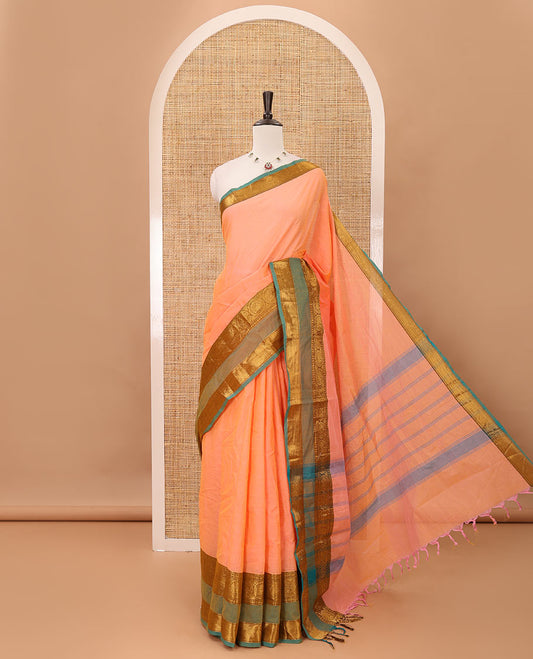 Pink plain design chettinadu cotton saree, contrast rudraksham & peaocck zari rettai pettu border, striped pallu & plain blouse