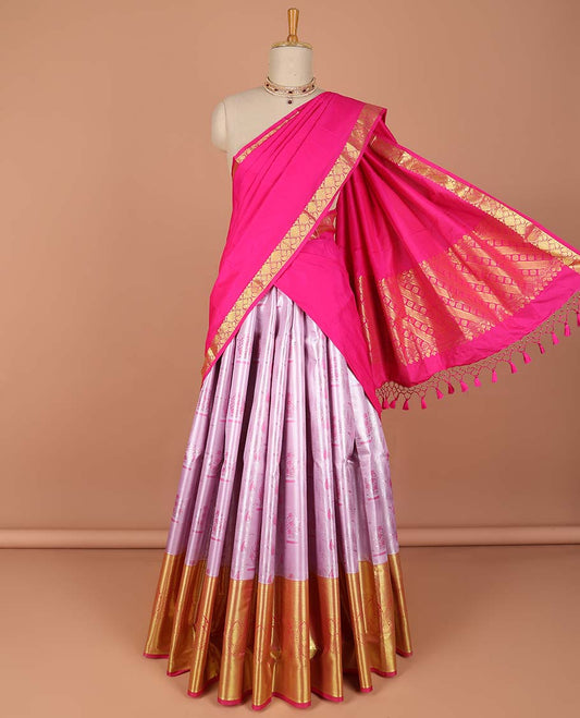 Lavender floral buttas art-silk half saree, contrast traditional zari border,zari design blouse & striped geometric dhavani
