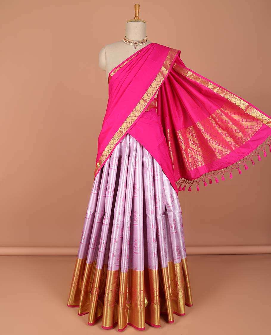 Lavender floral buttas art-silk half saree, contrast traditional zari border,zari design blouse & striped geometric dhavani
