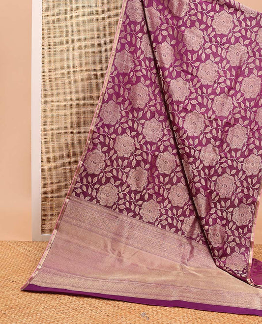 Violet checked, floral design kanchipuram designer silk saree with self zari border  & intricate zari design pallu