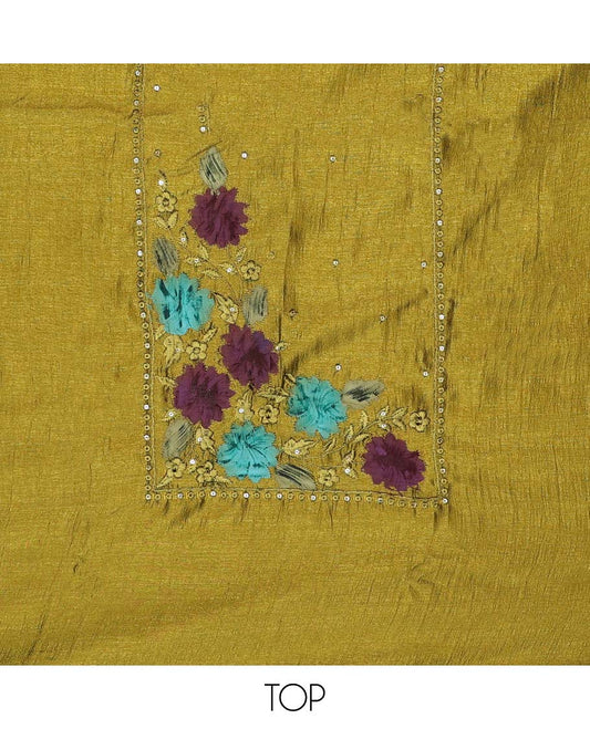 Green chudidhar material set floral thread embroidered top with plain bottom & floral design dupatta