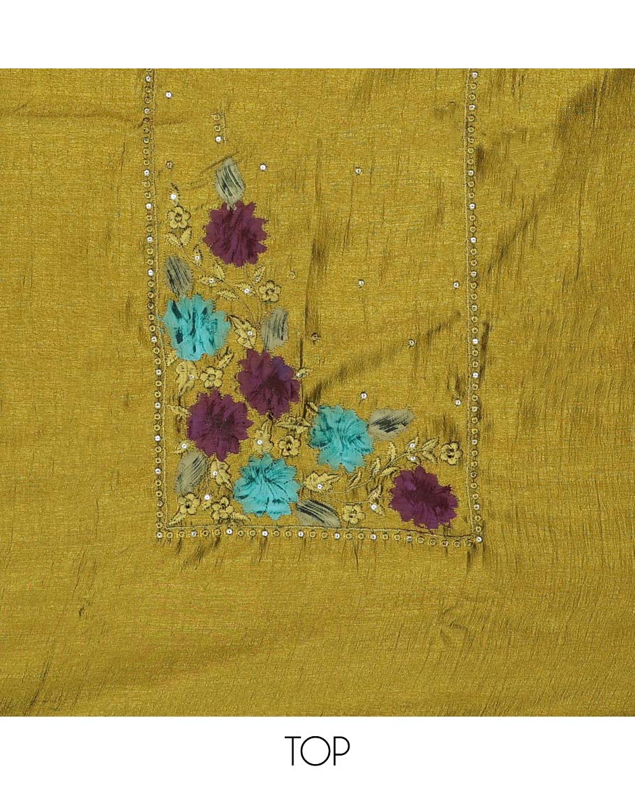 Green chudidhar material set floral thread embroidered top with plain bottom & floral design dupatta