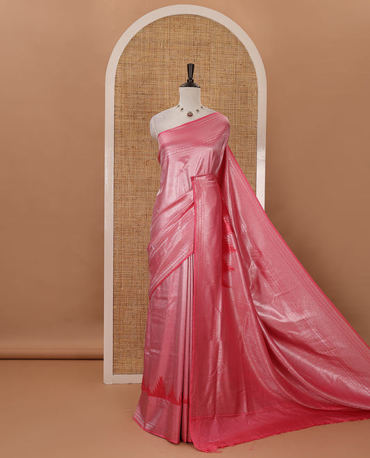 Pink stripes zari jacquard softy saree with temple traditional zari border, rich pallu & matching zari blouse