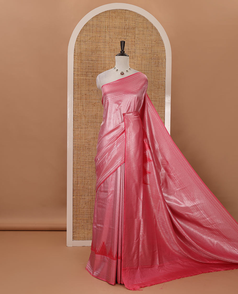 Pink stripes zari jacquard softy saree with temple traditional zari border, rich pallu & matching zari blouse