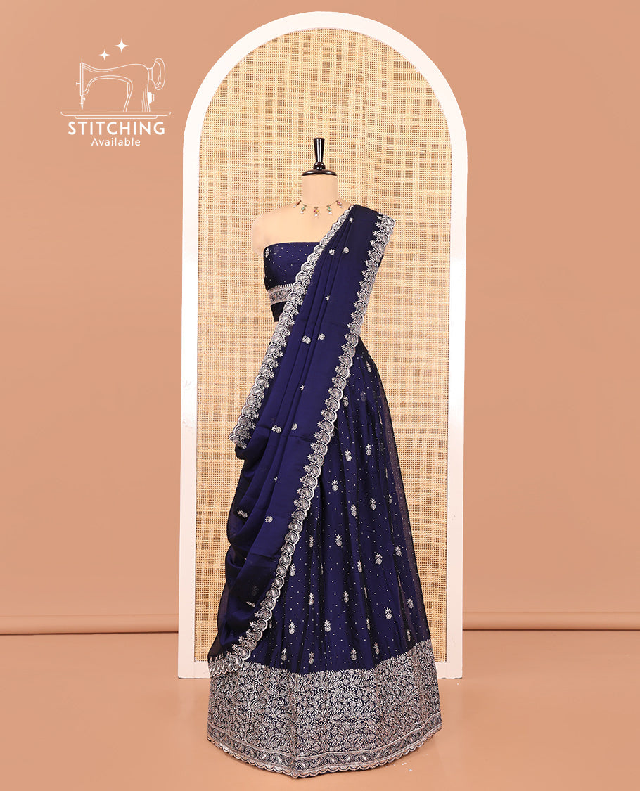 Navy Blue Georgette Half-Saree Featuring Embroidery Skirt, Floral Embroidered Border, Matching Blouse, Embroidered Dhavani