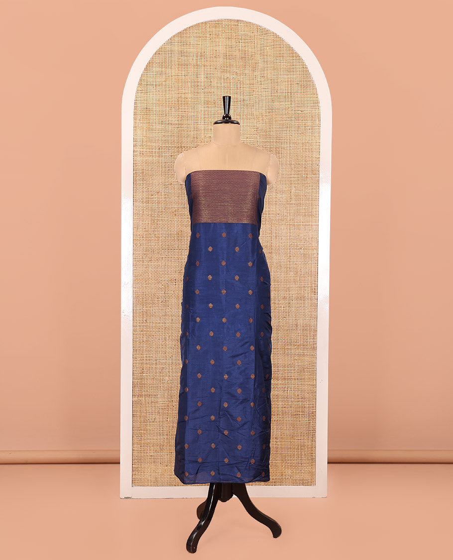 Blue Material Churidar Set, Decked Up with Zari Buttas Woven on Its Semi-Silk Top, Comes with a Plain Santoon Bottom, and a Semi-Silk Floral Jaal Zari Jacquard Dupatta